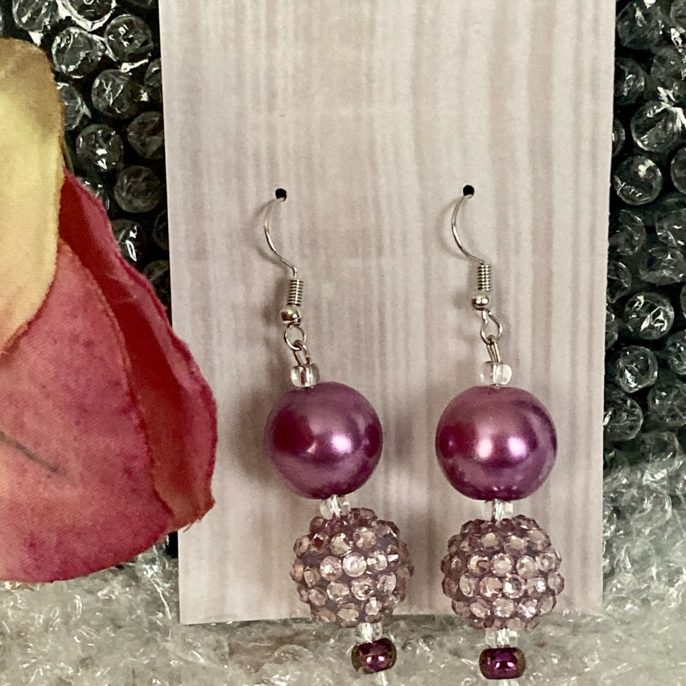 PURPLE 18MM BEADED EARRINGS 1.75” LONG. NEW. NEVER WORN. HANDCRAFTED